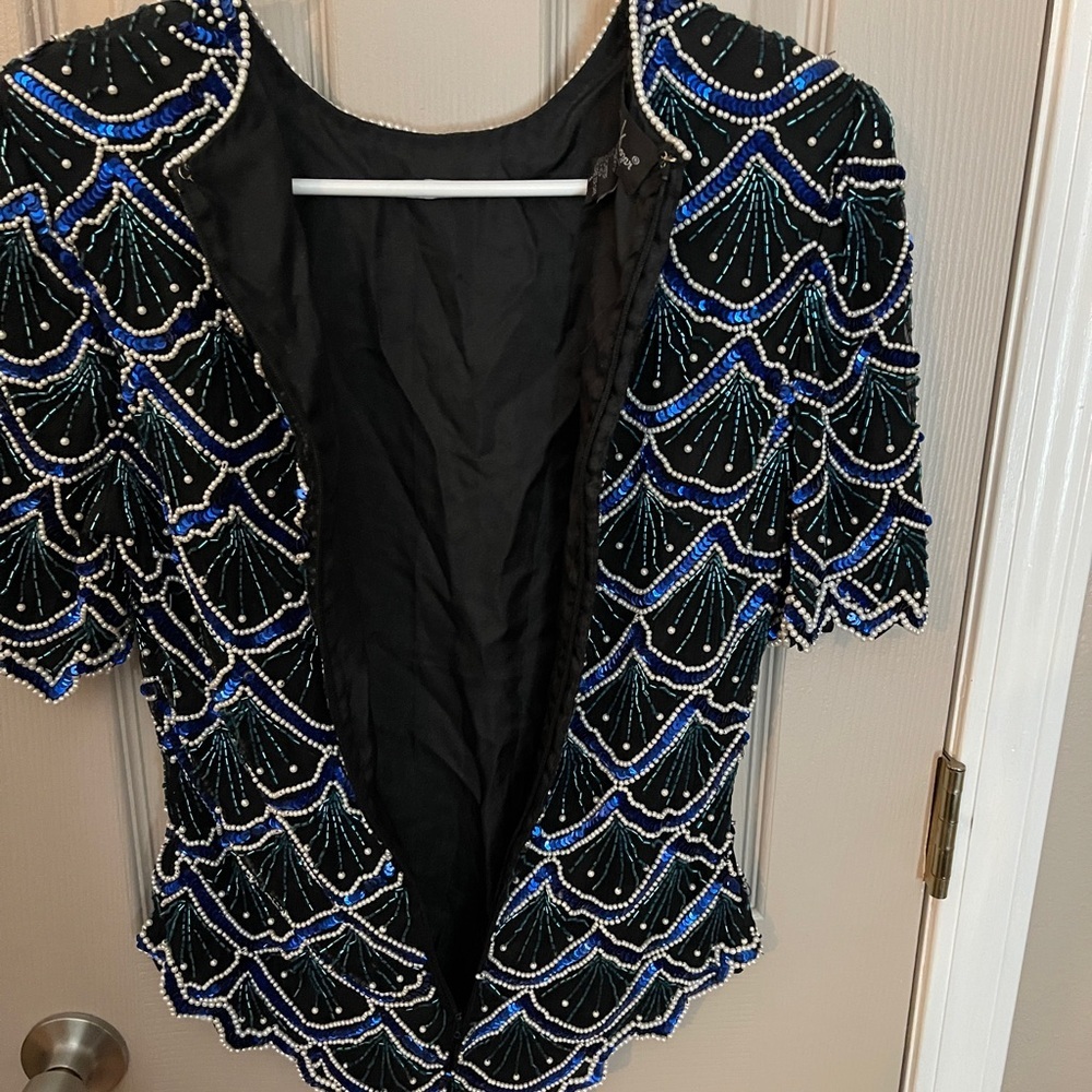 Laurence Kazar vintage beaded sequined silk back zip short sleeve blouse Size S. - Picture 4 of 11